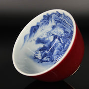 125ml Jihong Glaze Qinghua Porcelain The World in a Cup, Liuhe Teacup 青花霁红国画杯